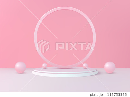 Elegant 3D White Podium with Circle Border and Pink Balls on Pink Background 115753556