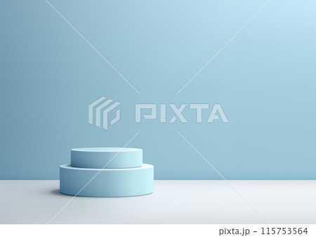 3D Blue Podium on White Floor with Soft Blue Wall Background for Minimalist Product Display 115753564