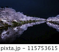 【青森】弘前公園の満開の桜ライトアップと堀のリフレクション 115753615