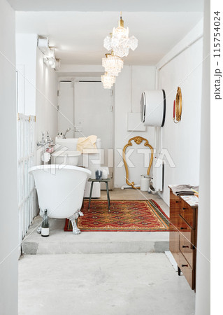 Vertical background image of luxury bathroom interior in professional grooming salon copy space Vertical background image of luxury bathroom interior in professional grooming salon copy space 115754024
