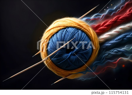 wool yarn and knitting needles, isolated on a black background 115754131