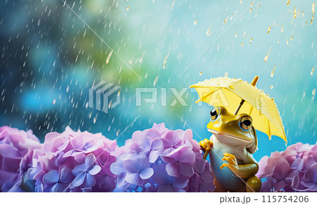 梅雨の雨の中、紫陽花の花の上で 小さな黄色い傘をさすカエル 梅雨の雨の中、紫陽花の花の上で 小さな黄色い傘をさすカエル 115754206