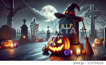 ハロウィーンのデジタルアート　ジャック・オ・ランタンと墓地と月明かりで不気味なシーン 115754228