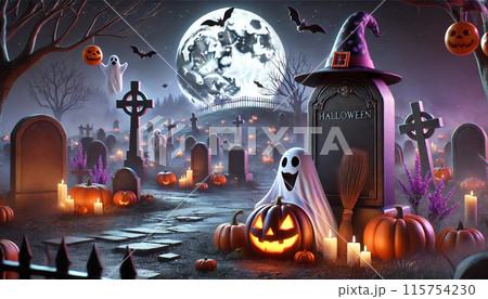 ハロウィーンのデジタルアート　ジャック・オ・ランタンと墓地と月明かりで不気味なシーン 115754230