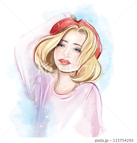 Hand drawn watercolor of a girl in a French red beret. Cute blond girl on Place du Tertre near Sacre-Coeur, quarter Montmartre in Paris 115754293