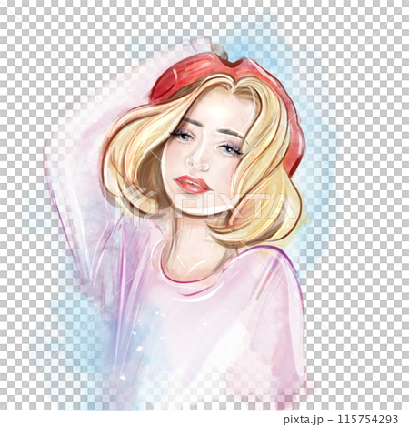 Hand drawn watercolor of a girl in a French red beret. Cute blond girl on Place du Tertre near Sacre-Coeur, quarter Montmartre in Paris 115754293