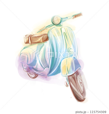 Watercolor hand painted scooter illustration isolated on a white background. Vintage motorbike in romantic style 115754309