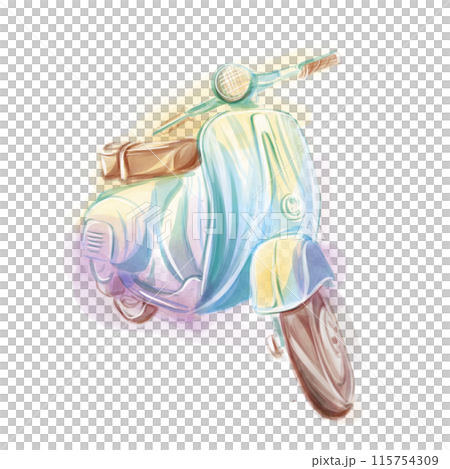 Watercolor hand painted scooter illustration isolated on a white background. Vintage motorbike in romantic style Watercolor hand painted scooter illustration isolated on a white background. Vintage motorbike in romantic style 115754309