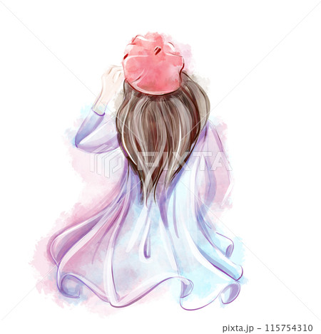 Watercolor girl in a dress and a red beret. Beautiful young girl wherein beret illustration. Isolated on a white background. Parisian woman clipart 115754310