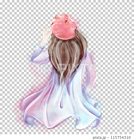 Watercolor girl in a dress and a red beret. Beautiful young girl wherein beret illustration. Isolated on a white background. Parisian woman clipart Watercolor girl in a dress and a red beret. Beautiful young girl wherein beret illustration. Isolated on a white background. Parisian woman clipart 115754310