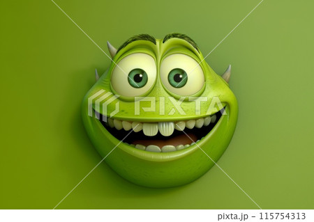 Close-up of a smiling green cartoon character face with big eyes and horns on a green background Close-up of a smiling green cartoon character face with big eyes and horns on a green background 115754313