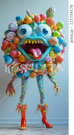 Cute cartoon monster made of colorful candies with open mouth and playful face 115754576