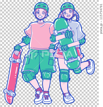 一個男人和一個女人手裡拿著滑板微笑 一個男人和一個女人手裡拿著滑板微笑 115754781