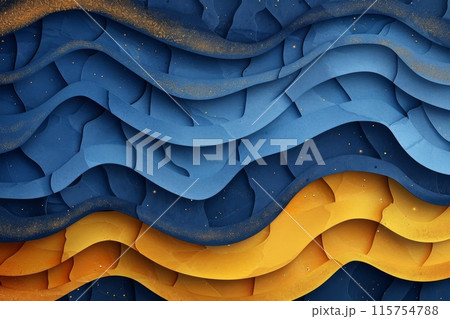 Abstract layered paper cut art in blue and yellow hues creating a wave pattern Abstract layered paper cut art in blue and yellow hues creating a wave pattern 115754788