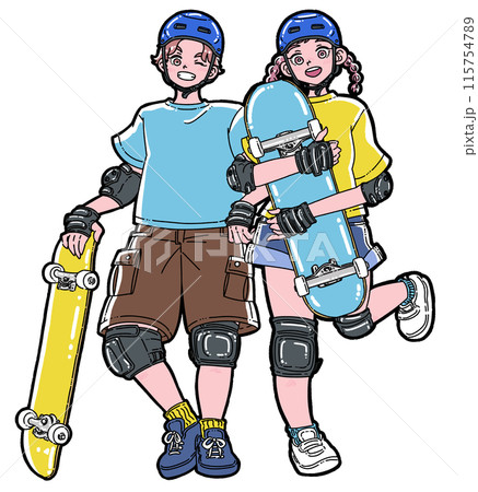 スケートボードを手に微笑む男女 スケートボードを手に微笑む男女 115754789