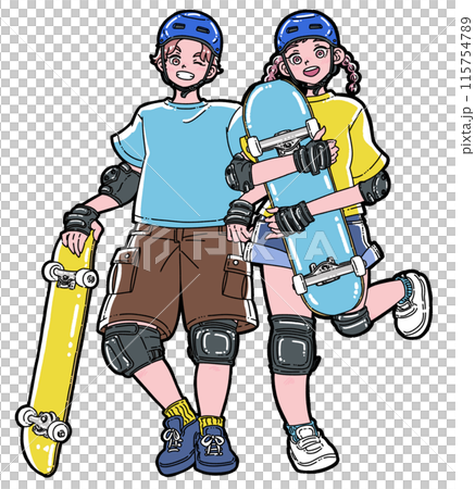 スケートボードを手に微笑む男女 スケートボードを手に微笑む男女 115754789