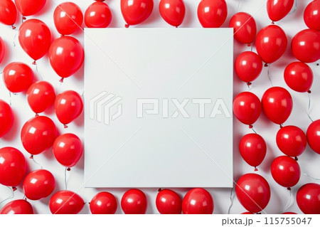 White canvas surrounded by red balloons on a white wall for festive decoration White canvas surrounded by red balloons on a white wall for festive decoration 115755047