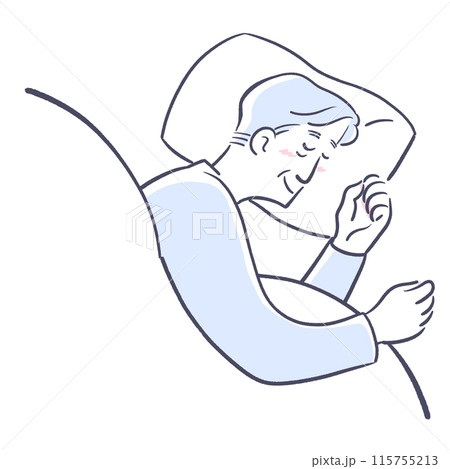 横向きで気持ちよく眠るシニア男性 横向きで気持ちよく眠るシニア男性 115755213
