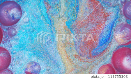 Top view of macro abstract photography of the oil droplet on rainbow metallic acrylic background 115755308