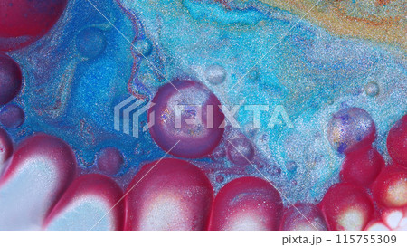 Top view of macro abstract photography of the oil droplet on rainbow metallic acrylic background Top view of macro abstract photography of the oil droplet on rainbow metallic acrylic background 115755309
