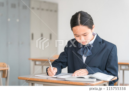 学校で勉強するブレザー・制服姿の女子中学生・高校生（真面目） 115755338
