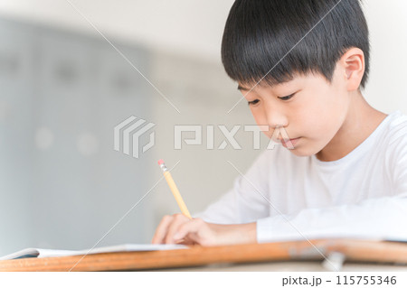 学校・塾の教室で授業を受ける小学校低学年の男の子 学校・塾の教室で授業を受ける小学校低学年の男の子 115755346