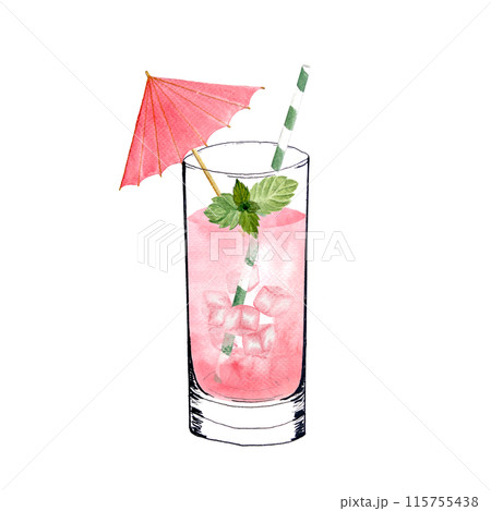 A glass with a pink drink, ice cubes, mint cocktail umbrella and a straw. Watercolor, ink art isolated on white, hand drawn for food design. Great for juice, smoothie, menu, organic food, logo design A glass with a pink drink, ice cubes, mint cocktail umbrella and a straw. Watercolor, ink art isolated on white, hand drawn for food design. Great for juice, smoothie, menu, organic food, logo design 115755438