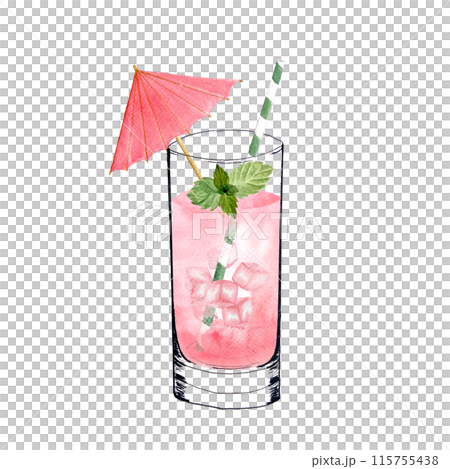 A glass with a pink drink, ice cubes, mint cocktail umbrella and a straw. Watercolor, ink art isolated on white, hand drawn for food design. Great for juice, smoothie, menu, organic food, logo design 115755438