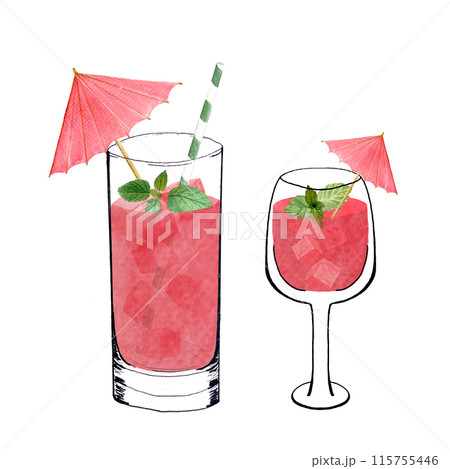 Two glasses with watermelon cubes, pink juice, mint and a straw. Watercolor, ink art isolated on white, hand drawn for food design. Great for juice, smoothie, menu, organic food, logo decor and design Two glasses with watermelon cubes, pink juice, mint and a straw. Watercolor, ink art isolated on white, hand drawn for food design. Great for juice, smoothie, menu, organic food, logo decor and design 115755446