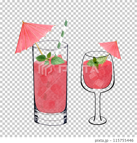 Two glasses with watermelon cubes, pink juice, mint and a straw. Watercolor, ink art isolated on white, hand drawn for food design. Great for juice, smoothie, menu, organic food, logo decor and design Two glasses with watermelon cubes, pink juice, mint and a straw. Watercolor, ink art isolated on white, hand drawn for food design. Great for juice, smoothie, menu, organic food, logo decor and design 115755446