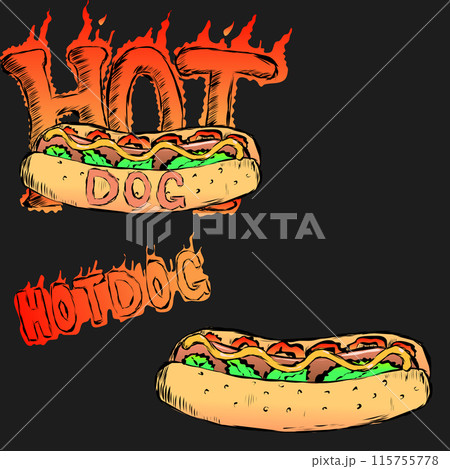 A hot dog with the word Hot Dog and a fire effect. Beautiful hot dog with sesame seeds lettuce peppers or tomatoes and mustard. Vector illustration A hot dog with the word Hot Dog and a fire effect. Beautiful hot dog with sesame seeds lettuce peppers or tomatoes and mustard. Vector illustration 115755778