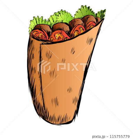 Beautiful daurma with tomatoes lettuce and meat. Cartoon Stroke Style With Stroke Sketch Style. Vector illustration Fast food that has spread all over the world 115755779