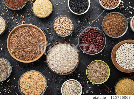 Various bowl plates with healthy beans,bulgur,quinoa,buckwheat with couscous and pea 115756068