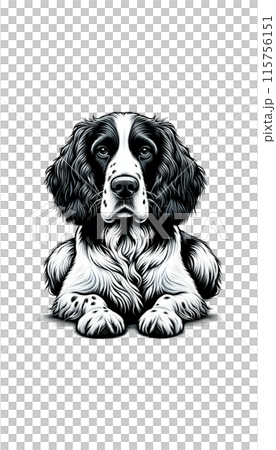 イギリスのイングリッシュ・スプリンガー・スパニエルのモノトーン画像。活発で愛情深い中型のスパニエル。 115756151