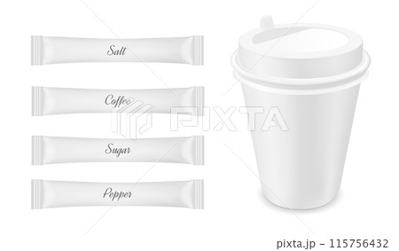 White disposable packaging for sugar and coffee. Paper coffee cup 115756432