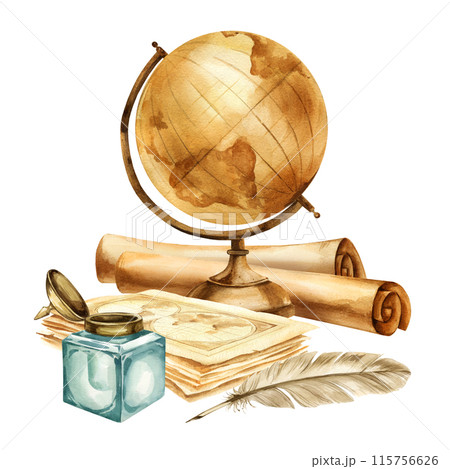 watercolor vintage antique globe of earth, textured beige paper map, feather quill and glass inkwell, old scrolled manuscripts, illustration of navigation and study tools isolated white background 115756626