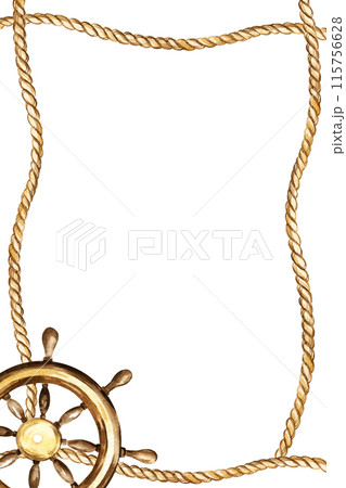 vertical frame with wooden vintage brown steering wheel and brown sea ropes, illustration of old grunge vessel, yacht circle rudder isolated on white background, for adventures card and blogs vertical frame with wooden vintage brown steering wheel and brown sea ropes, illustration of old grunge vessel, yacht circle rudder isolated on white background, for adventures card and blogs 115756628