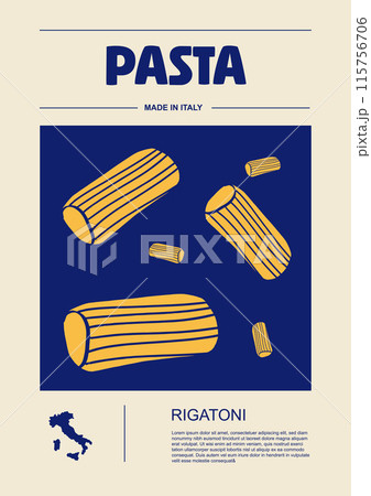 Italian macaroni types, labels for packages set. Rigatoni pasta. Organic and natural product, gourmet ingredient for cooking dishes. Handmade and tasty. Vector in flat style 115756706