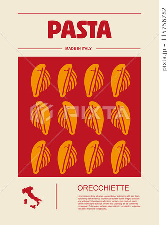 Italian macaroni types, labels for packages set. Orecchiette pasta. Organic and natural product, gourmet ingredient for cooking dishes. Handmade and tasty. Vector in flat style 115756782