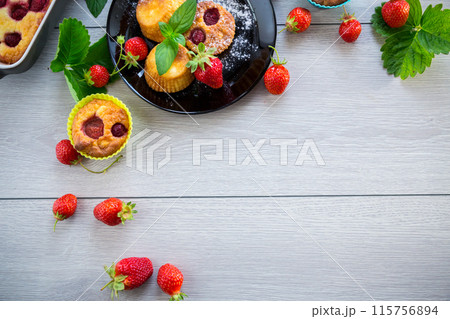 Sweet curd muffins with strawberry filling Sweet curd muffins with strawberry filling 115756894