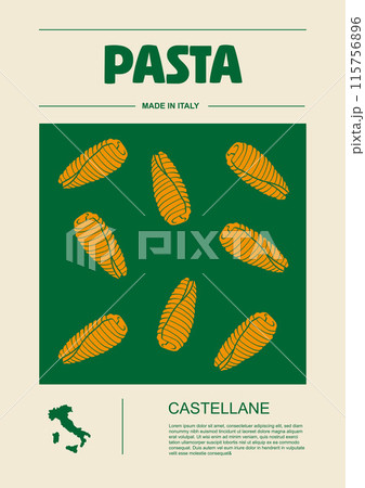 Italian macaroni types, labels for packages set. Castellane pasta. Organic and natural product, gourmet ingredient for cooking dishes. Handmade and tasty. Vector in flat style 115756896