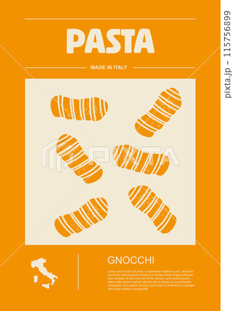 Italian macaroni types, labels for packages set. Gnocchi pasta. Organic and natural product, gourmet ingredient for cooking dishes. Handmade and tasty. Vector in flat style 115756899