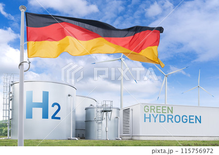 German flag on a background of green hydrogen factory. Concept German flag on a background of green hydrogen factory. Concept 115756972
