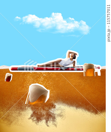 Contemporary art collage. Woman sunbathing on stand-up paddleboard, floating in sea made of beer. Blending relaxation and fun 115757011
