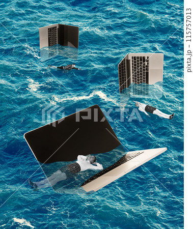 Contemporary art collage. Employees floating into blue ocean water with laptops symbolizing long awaited vacation and escape from work. 115757013