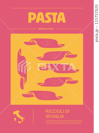 Italian macaroni types, labels for packages set. Riccioli di sfoglia pasta. Organic and natural product, gourmet ingredient for cooking dishes. Handmade and tasty. Vector in flat style Italian macaroni types, labels for packages set. Riccioli di sfoglia pasta. Organic and natural product, gourmet ingredient for cooking dishes. Handmade and tasty. Vector in flat style 115757020