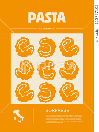 Italian macaroni types, labels for packages set. Sorprese pasta. Organic and natural product, gourmet ingredient for cooking dishes. Handmade and tasty. Vector in flat style Italian macaroni types, labels for packages set. Sorprese pasta. Organic and natural product, gourmet ingredient for cooking dishes. Handmade and tasty. Vector in flat style 115757103