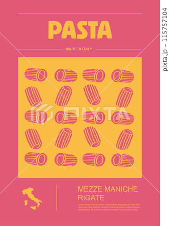 Italian macaroni types, labels for packages set. Mezze maniche rigate pasta. Organic and natural product, gourmet ingredient for cooking dishes. Handmade and tasty. Vector in flat style 115757104
