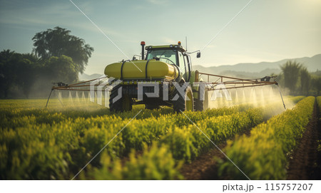 Machine for spraying pesticides and herbicides in the field at work. 115757207
