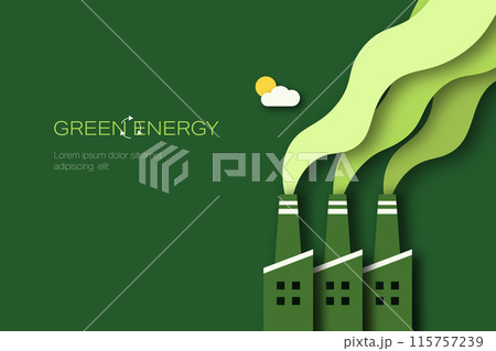 Green Industry. Pipe of factory with green smoke. Paper art of Sustainable energy, ecology and environment concept. Minimal vector illustration. Green Industry. Pipe of factory with green smoke. Paper art of Sustainable energy, ecology and environment concept. Minimal vector illustration. 115757239